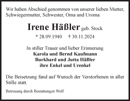 Traueranzeige von Irene Häßler von Volksstimme Wernigerode