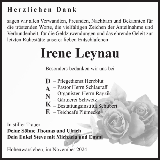 Traueranzeige von Irene Leynau von Volksstimme Haldensleben/Wolmirstedt