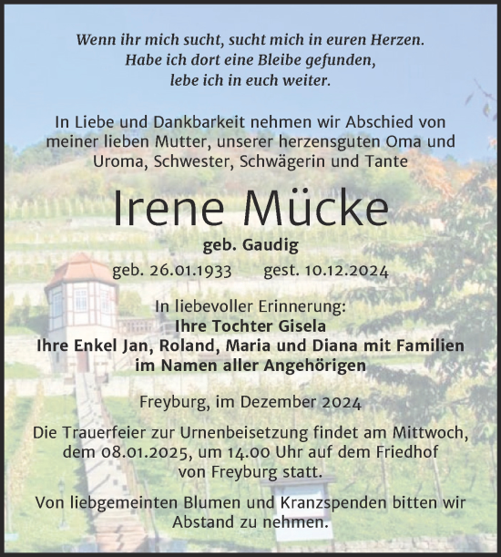 Traueranzeige von Irene Mücke von Super Sonntag Naumburg/Nebra