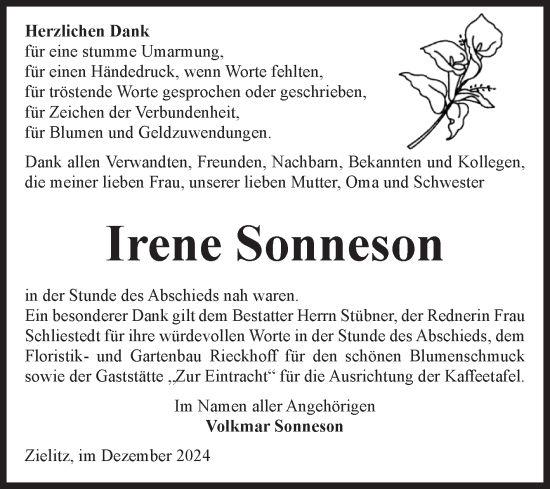 Traueranzeige von Irene Sonneson von Volksstimme Haldensleben/Wolmirstedt