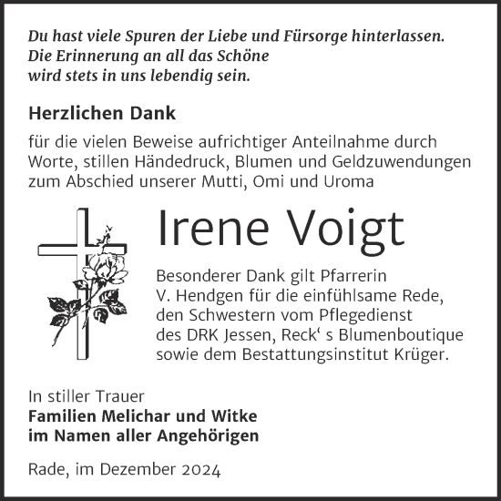 Traueranzeige von Irene Voigt von Trauerkombi Wittenberg