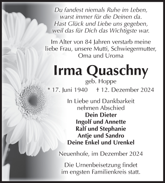 Traueranzeige von Irma Quaschny von Volksstimme Haldensleben/Wolmirstedt