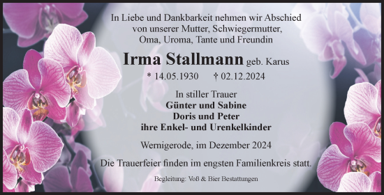 Traueranzeige von Irma Stallmann von Volksstimme Wernigerode