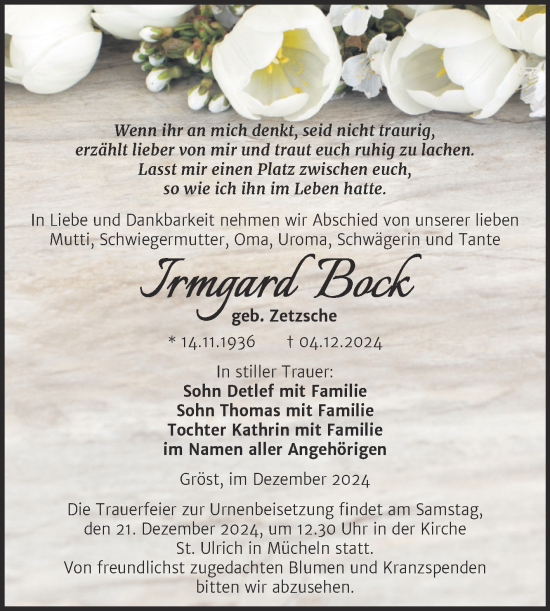 Traueranzeige von Irmgard Bock von Trauerkombi Merseburg