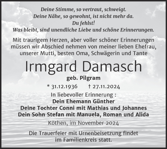 Traueranzeige von Irmgard Damasch von Trauerkombi Köthen