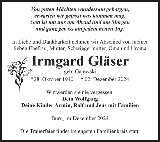 Traueranzeige von Irmgard Gläser von Volksstimme Burg/Genthin