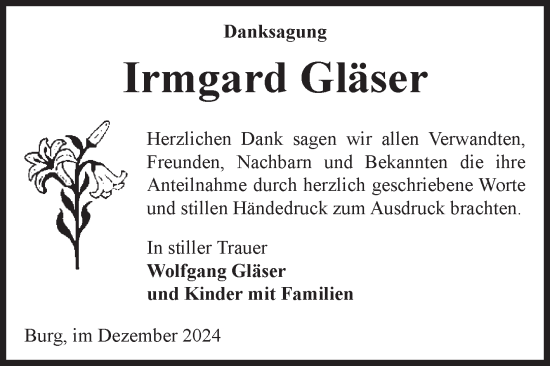 Traueranzeige von Irmgard Gläser von Volksstimme Burg/Genthin