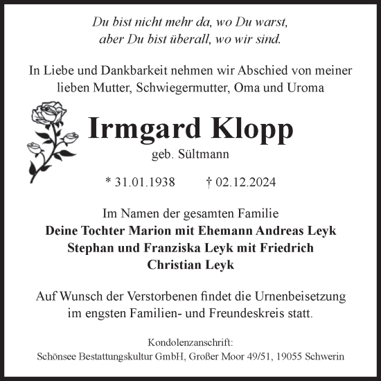 Traueranzeige von Irmgard Klopp von Volksstimme Altmark West