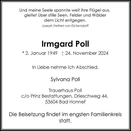 Traueranzeige von Irmgard Poll von Mitteldeutsche Zeitung Mansfelder Land