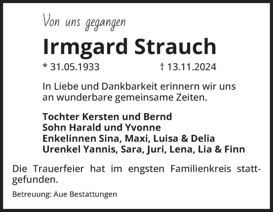 Traueranzeige von Irmgard Strauch von Volksstimme Magdeburg