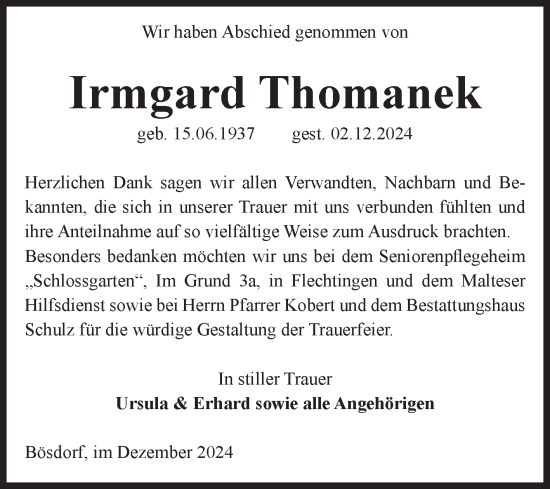 Traueranzeige von Irmgard Thomanek von Volksstimme Haldensleben/Wolmirstedt