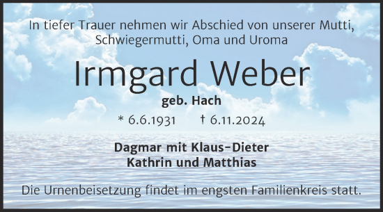 Traueranzeige von Irmgard Weber von Mitteldeutsche Zeitung Halle/Saalkreis
