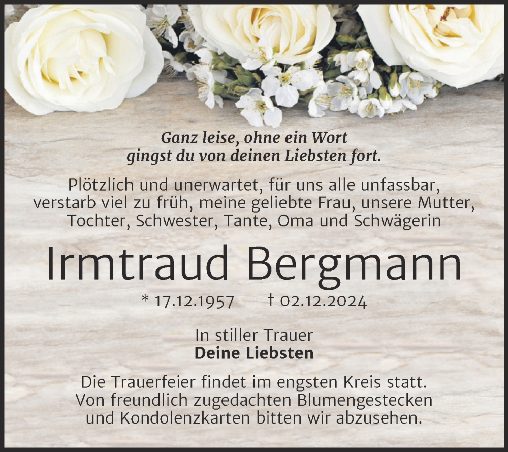  Traueranzeige für Irmtraud Bergmann vom 06.12.2024 aus Trauerkombi Merseburg