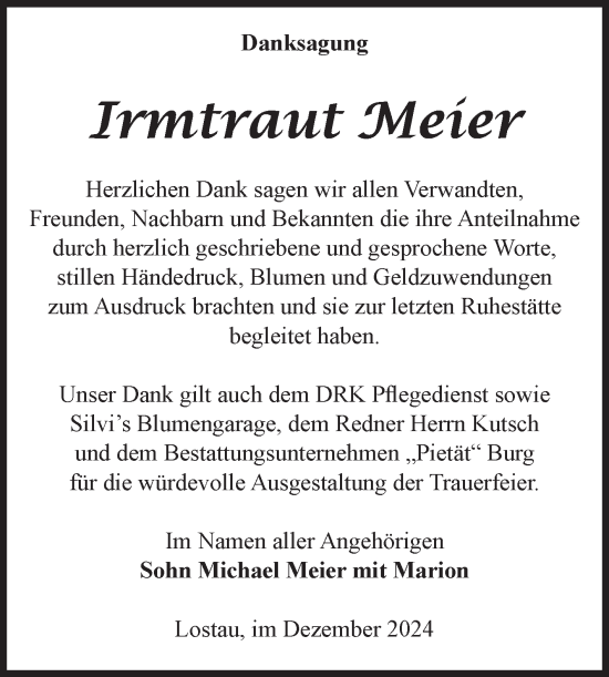 Traueranzeige von Irmtraut Meier von Volksstimme Burg/Genthin