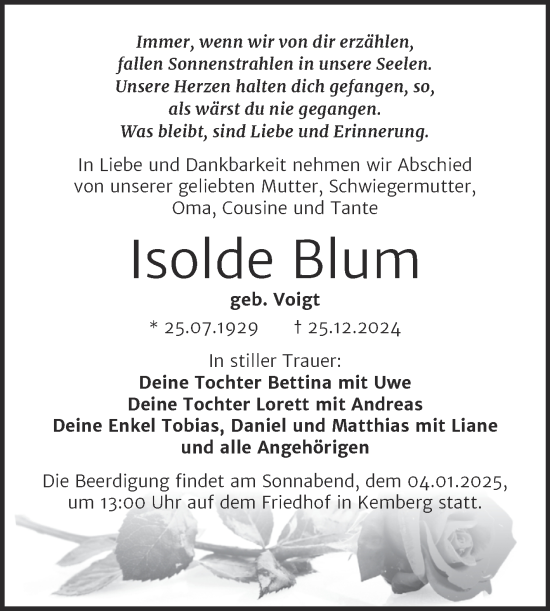 Traueranzeige von Isolde Blum von Trauerkombi Wittenberg