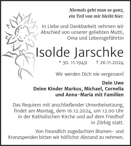Traueranzeige von Isolde Jarschke von Trauerkombi Bitterfeld