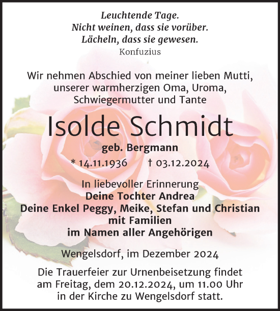 Traueranzeige von Isolde Schmidt von Trauerkombi Weißenfels