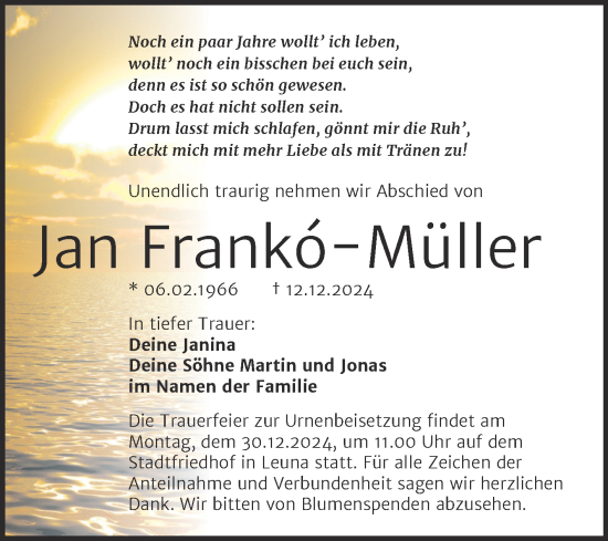 Traueranzeige von Jan Franko-Müller von Trauerkombi Merseburg
