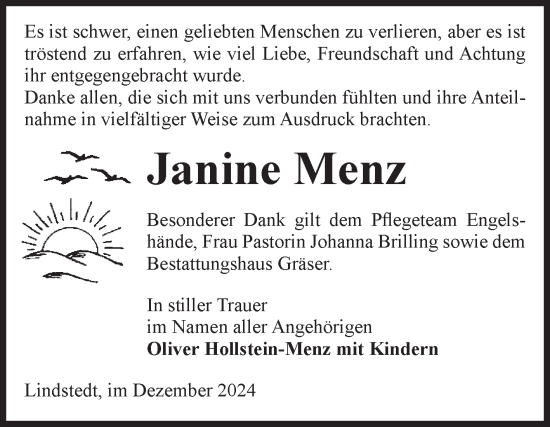 Traueranzeige von Janine Menz von Volksstimme Altmark West