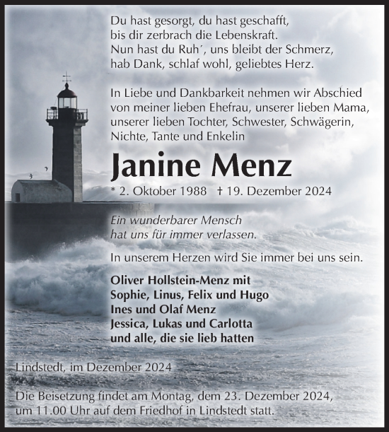 Traueranzeige von Janine Menz von Volksstimme Altmark West