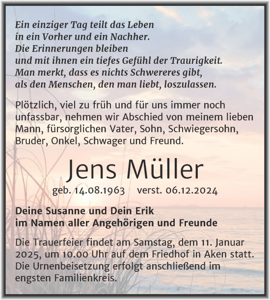 Traueranzeige von Jens Müller von Trauerkombi Köthen