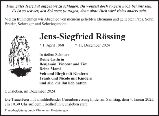 Traueranzeige von Jens-Siegfried Rössing von Volksstimme Oschersleben/Wanzleben