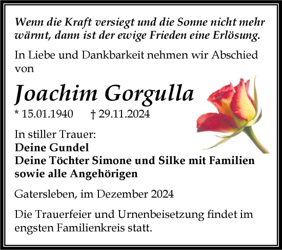 Traueranzeige von Joachim Gorgulla von Trauerkombi Aschersleben