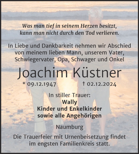 Traueranzeige von Joachim Küstner von Naumburger Tageblatt