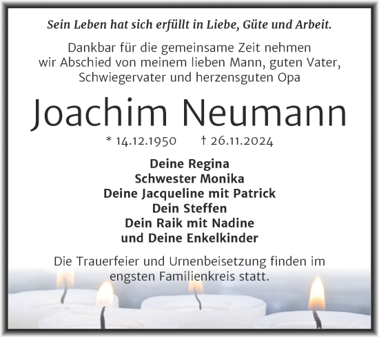 Traueranzeige von Joachim Neumann von Trauerkombi Mansfelder Land