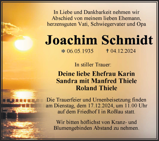 Traueranzeige von Joachim Schmidt von Trauerkombi Dessau