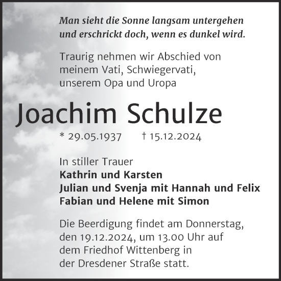 Traueranzeige von Joachim Schulze 
