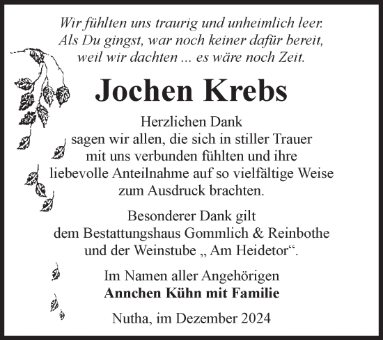 Traueranzeige von Jochen Krebs von Volksstimme Zerbst