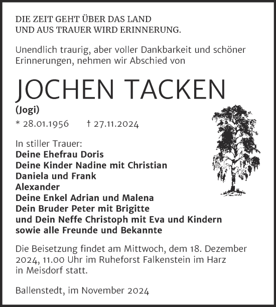 Traueranzeige von Jochen Tacken von Trauerkombi Quedlinburg