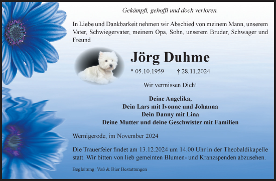 Traueranzeige von Jörg Duhme von Volksstimme Wernigerode