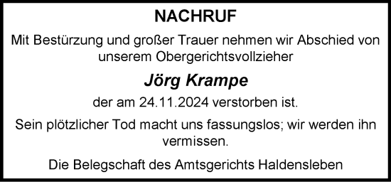 Traueranzeige von Jörg Krampe von Volksstimme Haldensleben/Wolmirstedt