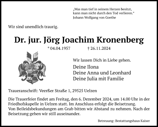 Traueranzeige von Jörg Joachim Kronenberg von Volksstimme Altmark Ost