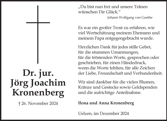 Traueranzeige von Jörg Joachim Kronenberg von Volksstimme Altmark Ost