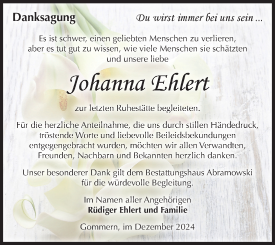 Traueranzeige von Johanna Ehlert von Volksstimme Burg/Genthin