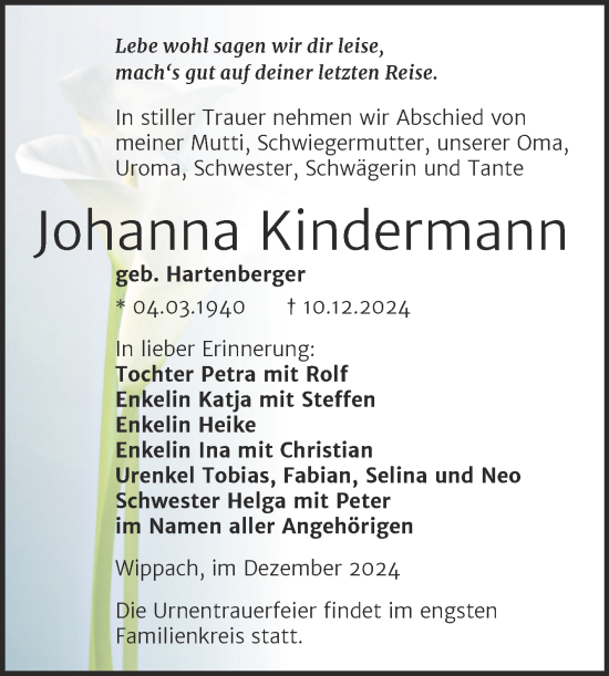 Traueranzeige von Johanna Kindermann von Super Sonntag Naumburg/Nebra