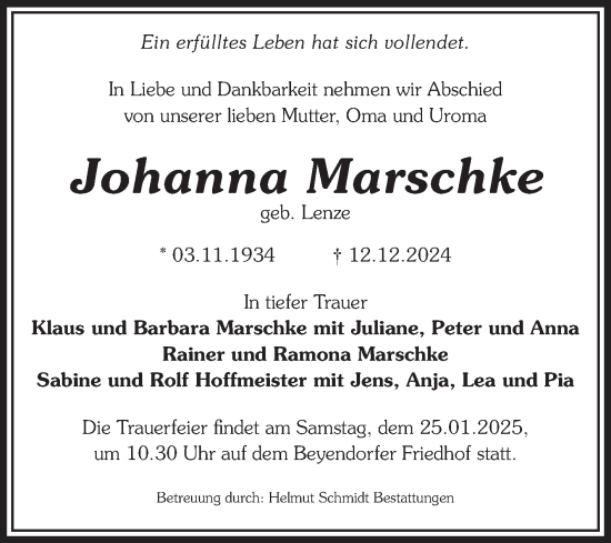 Traueranzeige von Johanna Marschke von Volksstimme Oschersleben/Wanzleben