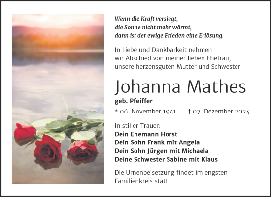 Traueranzeige von Johanna Mathes von Trauerkombi Dessau
