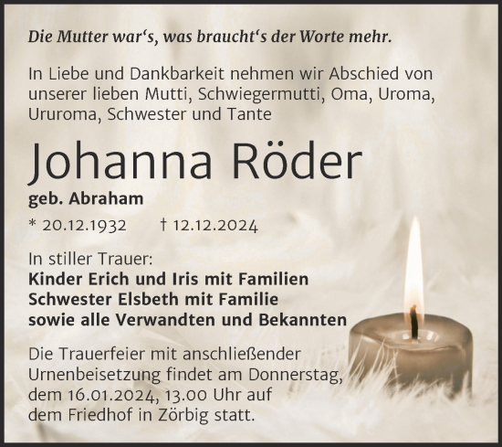 Traueranzeige von Johanna Röder von Trauerkombi Bitterfeld