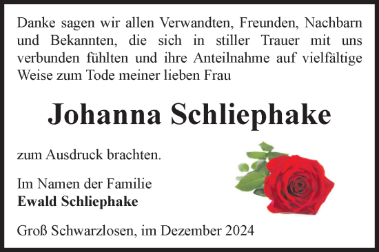 Traueranzeige von Johanna Schliephake von Volksstimme Altmark Ost