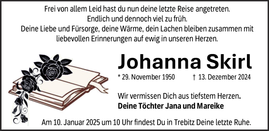 Traueranzeige von Johanna Skirl von Trauerkombi Wittenberg
