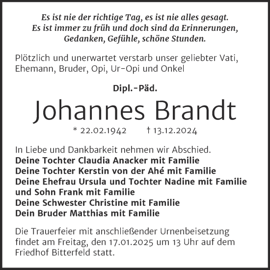 Traueranzeige von Johannes Brandt von Trauerkombi Bitterfeld