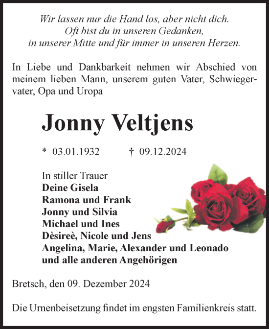 Traueranzeige von Jonny Veltjens von Volksstimme Altmark Ost