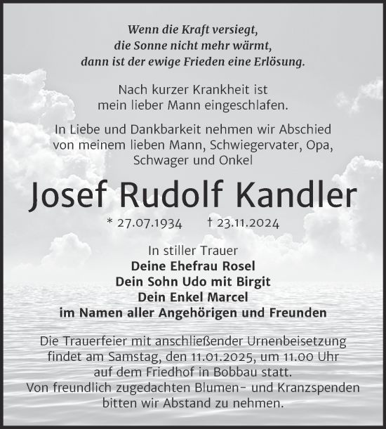 Traueranzeige von Josef Rudolf Kandier von Trauerkombi Bitterfeld