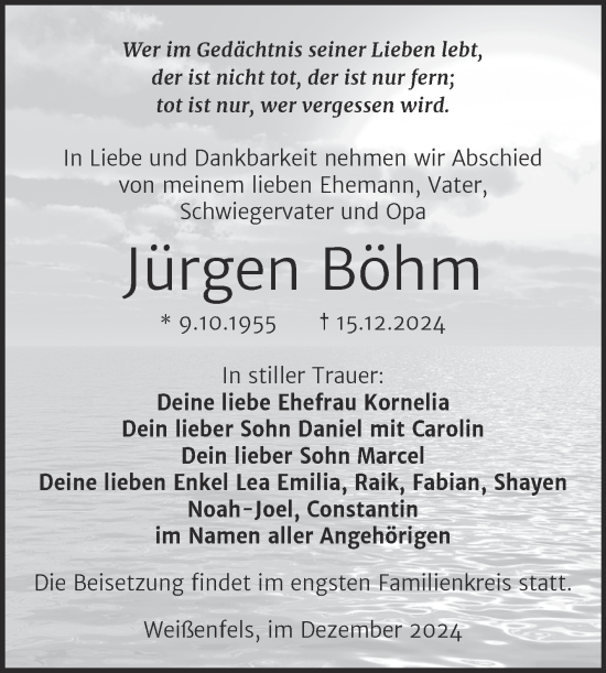 Traueranzeige von Jürgen Böhm von Trauerkombi Weißenfels