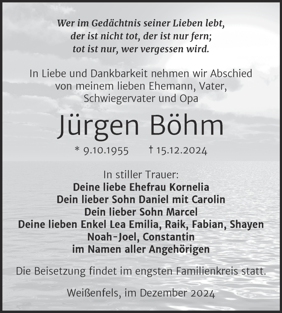  Traueranzeige für Jürgen Böhm vom 21.12.2024 aus Trauerkombi Weißenfels