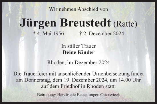 Traueranzeige von Jürgen Breustedt von Volksstimme Halberstadt